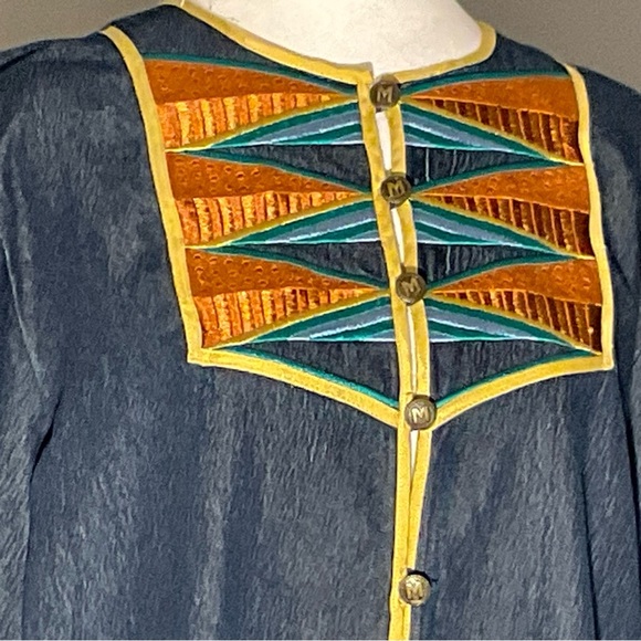 Bob Mackie Med Wearable Art Denim Shirt Inset/Cuffs Colorful Tribal Embroidery - Picture 13 of 16